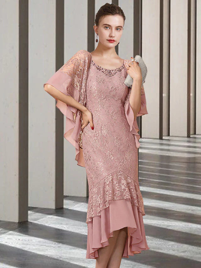 Wholesale Sheath / Column Mother of the Bride Dress Elegant High Low Jewel Neck Asymmetrical Tea Length Chiffon Lace Half Sleeve Wrap Included with Beading Ruffles Appliques
